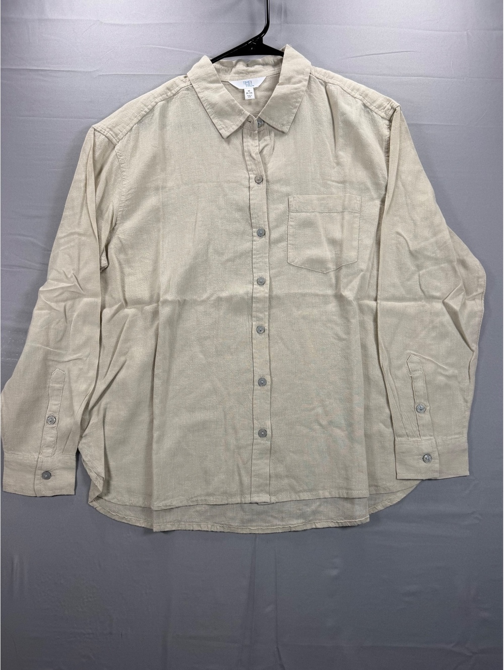 Time and Tru Medium Linen Oversized Button-Up Shirt in Papyrus Beige